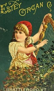 Victorian Trade Card Late 1870-1900s Estey Organ Co Brattleboro Vermont Harp