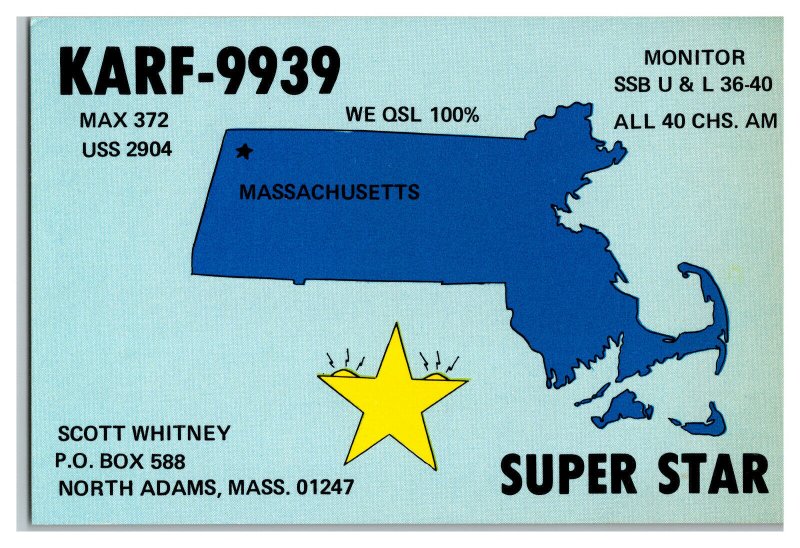 QSL Radio Card From North Adams Mass. Massachusetts KARF-9939 