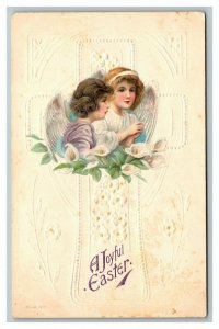 Vintage 1917 Easter Postcard Child Angels White Flowers White Cross