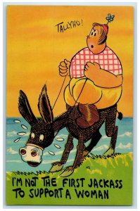 c1940's Fat Woman Riding Mule I'm Not The First Jackass Suffrage Postcard