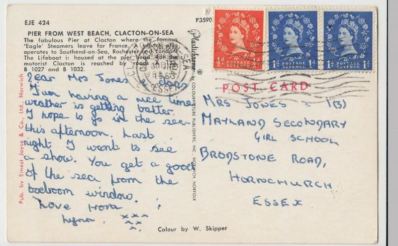 Essex; Pier From West Beach, Clacton On Sea PPC, 1963, To Mrs Jones, Hornchurch