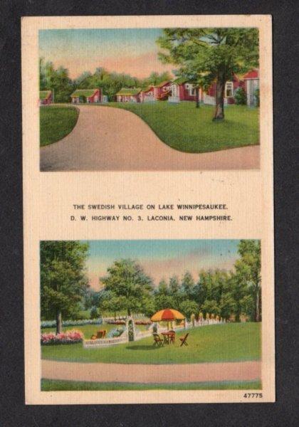 NH Swedish Village Cabins Lake Winnipesaukee LACONIA New Hampshire Postcard PC