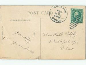 Pre-Linen easter WHITE BUNNY RABBIT BESIDE EGGS SPILLED FROM BASKET k2775