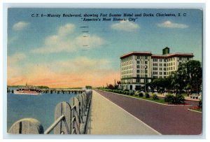 c1950's Murray Boulevard Fort Sumter Hotel And Docks Charleston SC Postcard 