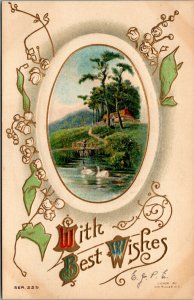 Vtg 1910 Best Wishes Cottage Lake Swans Gold Trim Embossed Greeting Postcard