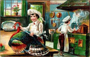 2~ca1910's Postcards  THANKSGIVING GREETINGS  Kitchen~Chefs~Turkey~Squirrel