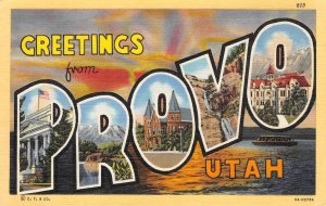 PROVO, UTAH Large Letter Linen Greetings Utah County c1940s Vintage Postcard