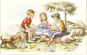 Children. Picnic with lambs, dog Lovely Spanish postcard 950s