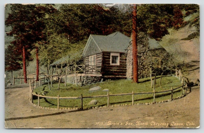 North Cheyenne Canon Colorado~Bruin's Inn~Wooden Fence Around Log Cabin~c1910 