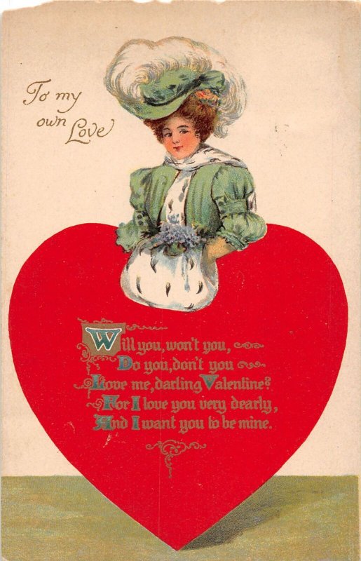 J70/ Valentine's Day Love Holiday Postcard c1910 Pretty Woman Heart 132