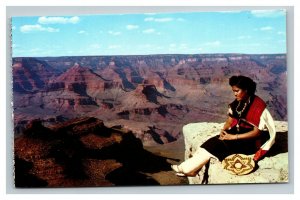 Vintage 1960's Postcard Hopi Indian Woman Overlooking the Grand Canyon Arizona