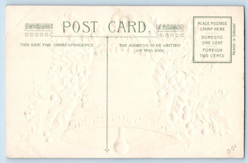Christmas Postcard Giant Ringing Bell Holly Berries Winsch Back Embossed c1910's
