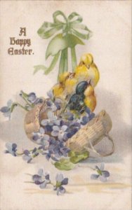 Silk Card Happy Easter With Basket Of Flowers and Chicks