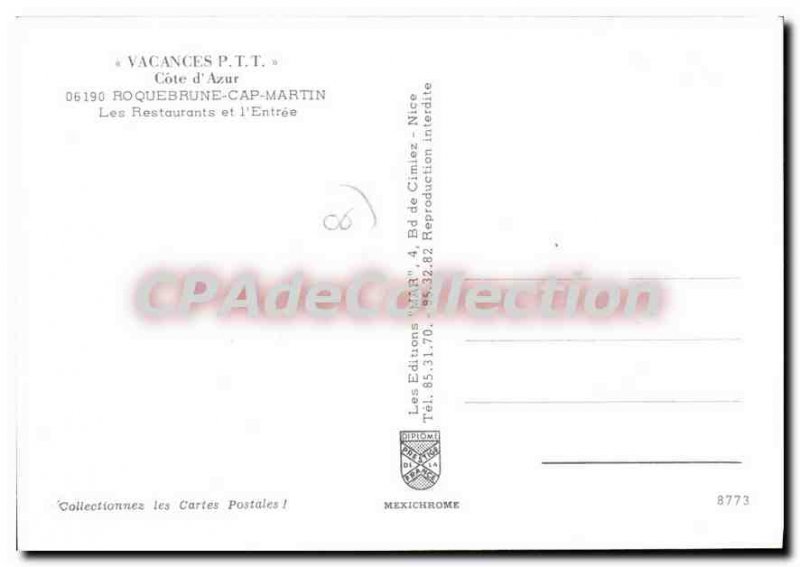 Postcard Modern Beausoleil The Restaurants And I'Entree PTT