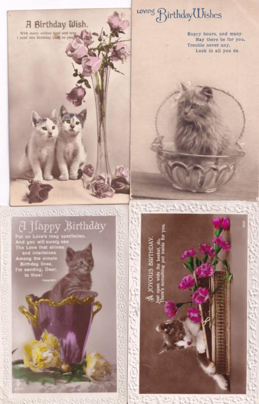 Cats & Giant Vases Flowers 4x Happy Birthday Old Postcard s