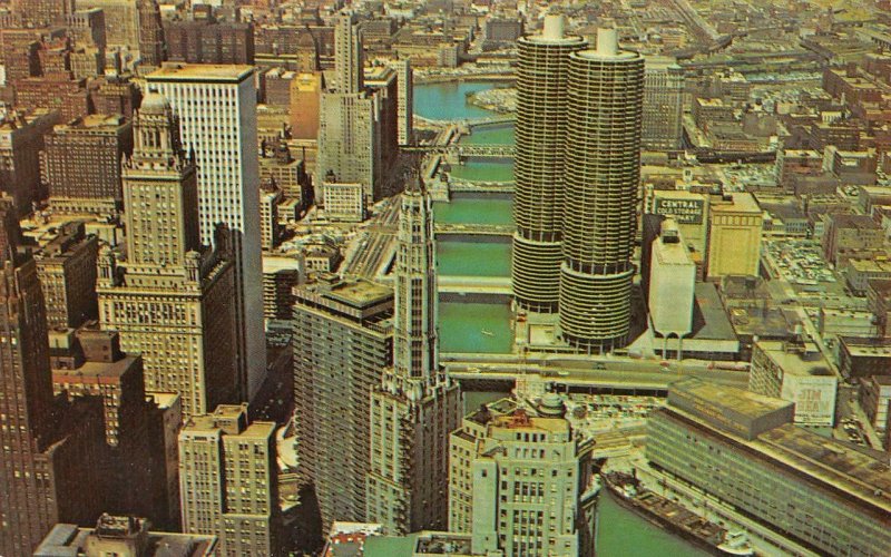 CHICAGO Illinois IL  TWIN TOWERS~Marina City  Bird's Eye View  1964 Postcard