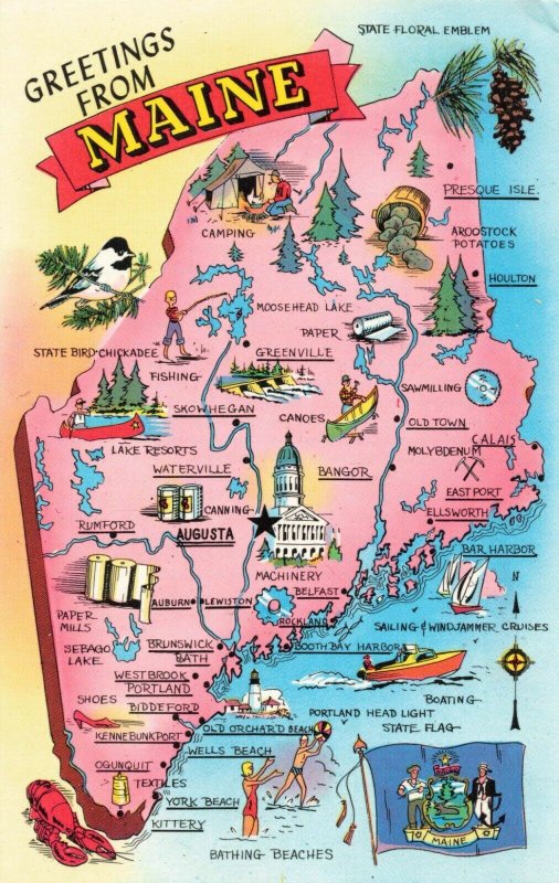 Postcard Map The Pine Tree State Maine