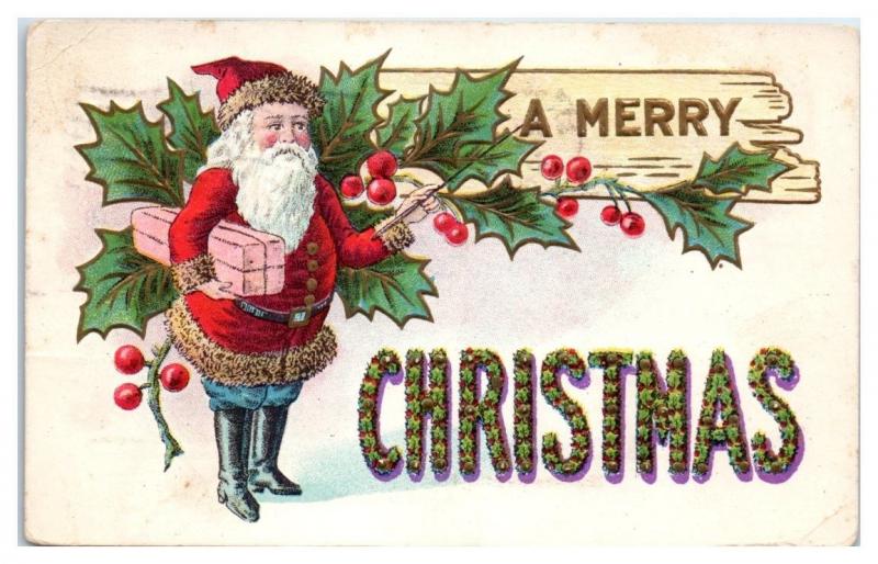 1909 A Merry Christmas, Santa with Blue Pants, Package, and Pointer Postcard