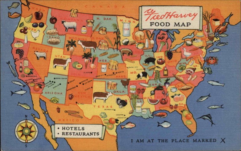 Fred Harvey Restaurants Colorful United States Food Map Linen Vintage Postcard