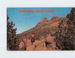 Postcard  Huge boulders and evergreens, H.O. Canyon, Greetings from Texas