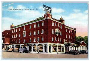 1943 Four Flags Hotel Building Drugs Store Cars Niles Michigan MI Postcard