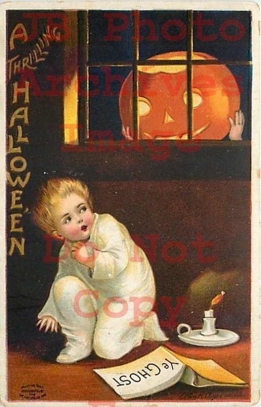 258487-Halloween, IAP No 978-3, Ellen Clapsaddle, JOL in Window Scares Boy