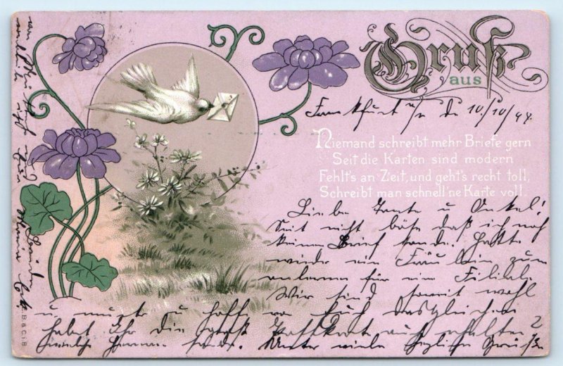 FRANKFORT, Germany ~ GRUSS AUS ~ 1899 ~  Art Nouveau  Bird w/Envelope  Postcard