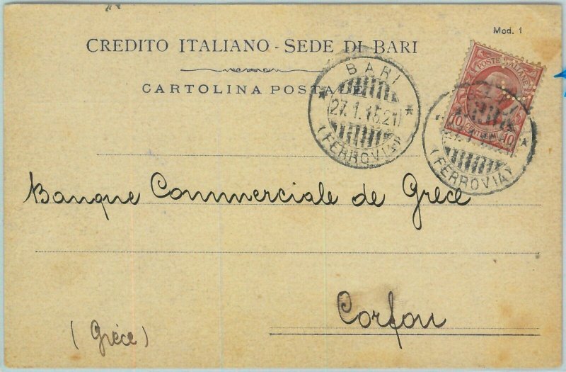 97932 - POSTAL HISTORY - Perfin on POSTCARD: Credito Italiano BARI 1915-