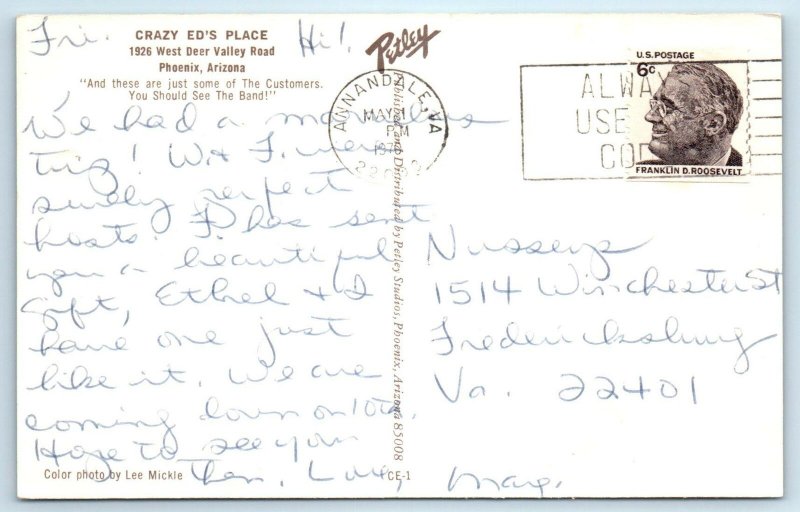 PHOENIX, AZ Arizona  CRAZY ED'S PLACE  Meridian Base BAND 1976 Roadside Postcard