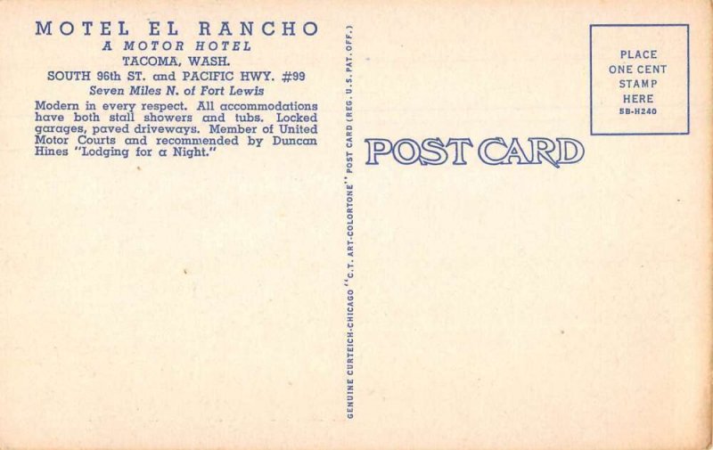 Tacoma Washington Motel El Rancho Linen Vintage Postcard AA22429