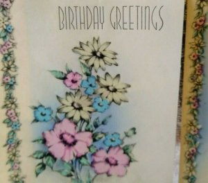 Mid Century Modern Birthday Greeting Card Pink Blue Yellow Flowers Vintage Retro