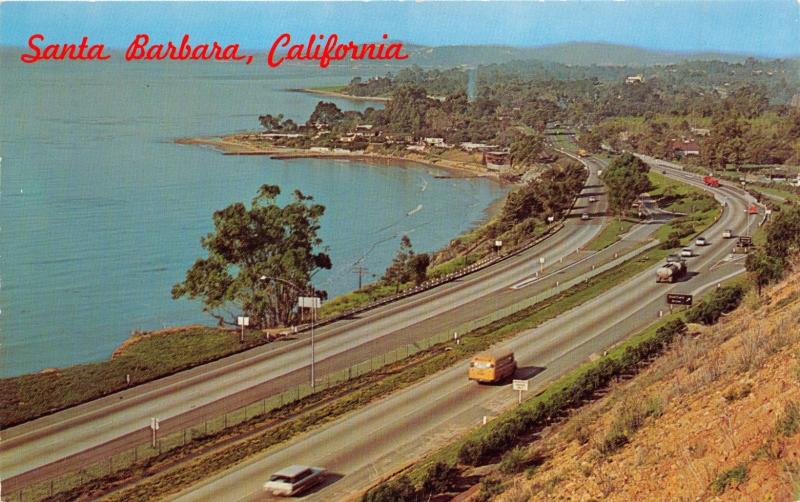 SANTA BARBARA CALIFORNIA CRESCENT COASTLINE~US ROUTE 101~POSTCARD 1962 PSTMK