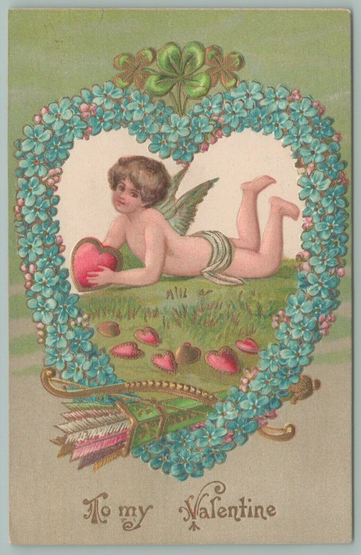 Valentine~Boy Cupid In Forget-Me-Not Heart Portal Holds Heart~Quiver~Arrows~Gold