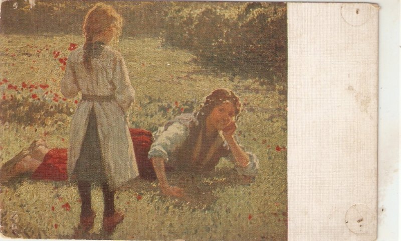 Pla y Rubio. Mother and daughter in poppy field. Amapolas Fine painting vintag