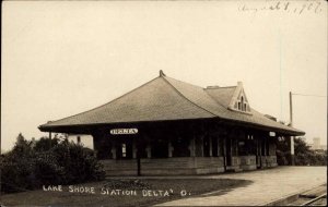Delta OH Lake Shore RR Train Station Depot c1910 Real Photo Postcard