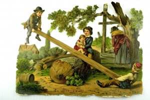 1880-90's Grande Vitorian Die-Cut Crianças See-Saw Baby 6 1/2 X 9 1/2 *P-