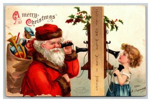 Vintage 1907 Ellen Clapsaddle Christmas Postcard Santa Clause Candlestick Phone