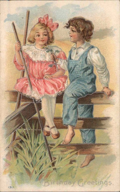Birthday Cute Kids Overalls Watercolor Ad Advertising c1910 Vintage Postcard