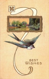 Vintage Postcard 1909 Best Wishes Greetings A Silver Flying Bird & Nature Lakes