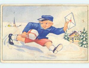 Pre-Linen foreign EUROPEAN BOY RUNS WITH GIFT PACKAGE AND CARD J5452