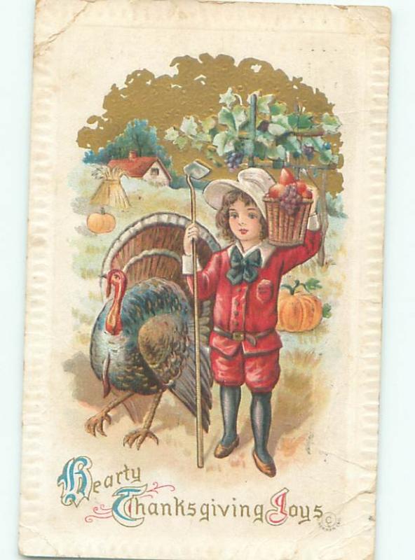 Pre-Linen Thanksgiving TURKEY BESIDE CHILD CARRYING FOOD BASKET AB4310