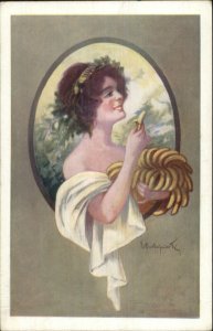 Beautiful Woman Holding Bunch of Bananas c1910 Artist Signed Postcard