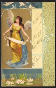 Happy Christmas Lady Angel & Birds Used c1904