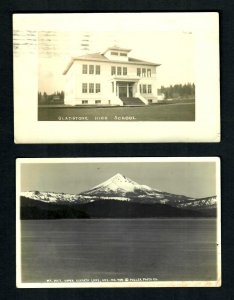 #71 RPPC 2 pcs Gladstone High School Full Front view, Mt.Pitt upper klamath Lake