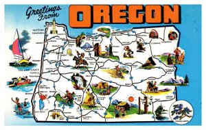 Postcard OR Map -Greetings from Oregon - map tourist attractions state flower