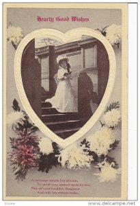 Hearty Good Wishes, Woman reading, Heart shaped frame, flowers, PU-1916