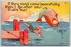 Fishing Comic~Man Dives w/Knife In Teeth~If They Won't Come Peacefully~Linen PC