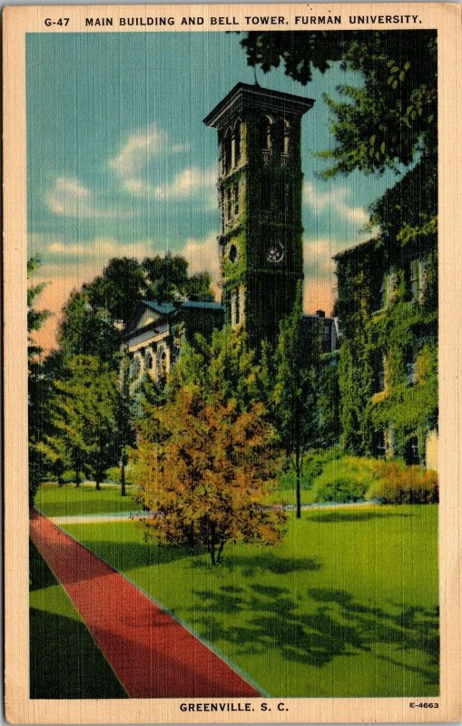 Vtg Greenville SC Main Building Bell Tower Furman University Linen Postcard
