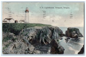 1908 US Lighthouse Exterior Tower Cliff Newport Oregon Vintage Antique Postcard