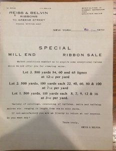 1910 REISS & BELVIN Satin Taffeta Ribbons NEW YORK New York  Letterhead